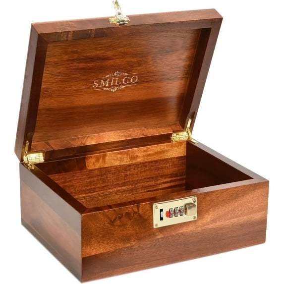 Acacia Wood Decorative Storage Boxes with Combination Lock Hand-Crafted Wooden Box for Storage Organize Bin or as Keepsake