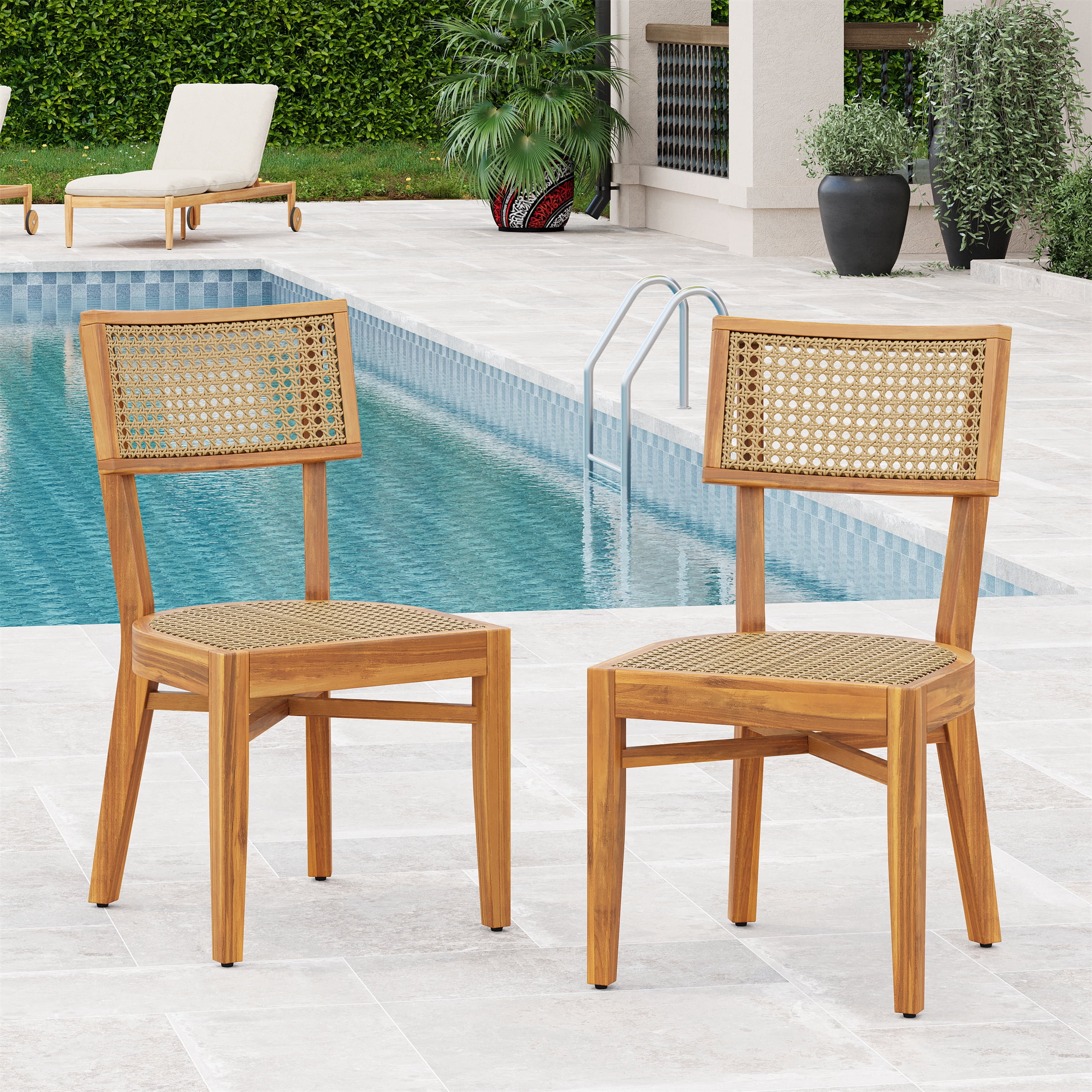 Acacia Wood Dining Chair with Light Brown Wicker for Patio Garden Deck, Teak