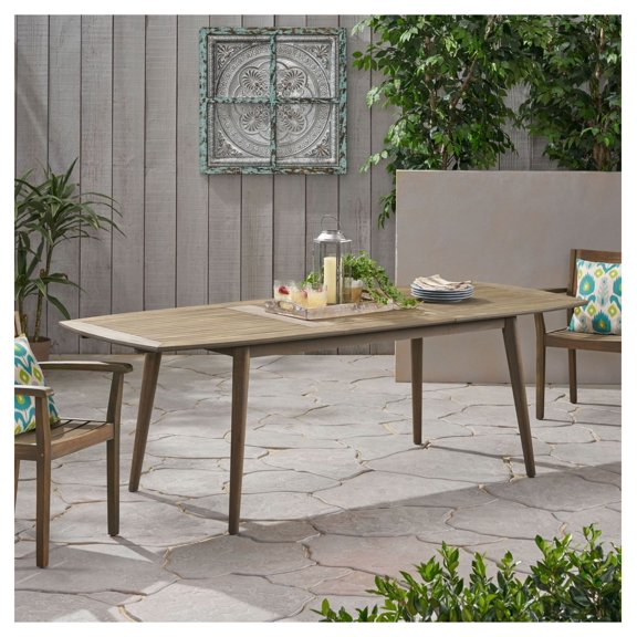 Acacia Wood Dining Table, Gray Expandable Outdoor Table, 71-94.5 Inch Patio Table, Weather Resistant, Slatted Tabletop, Garden Furniture