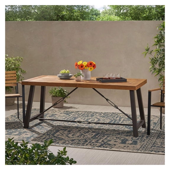 Acacia Wood Dining Table, Outdoor Metal Base - Teak Finish, Modern Industrial Style - 70" Rectangular Patio Kitchen Table