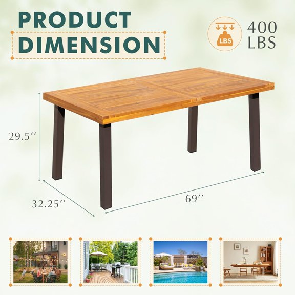 Acacia Wood Dining Table for 6 - Large Rectangular Outdoor  Table with Iron Legs, Foldable Farmhouse Kitchen Table for Deck Sunroom
