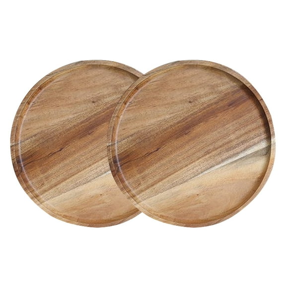 2 Set Acacia Wood Plates Round Wooden Dinner Plates, Charger Serving Tray Lightweight, Unbreakable Natural Dinnerware Dishes for Steak, Snack, Dessert, Cake, Housewarming - 20cm