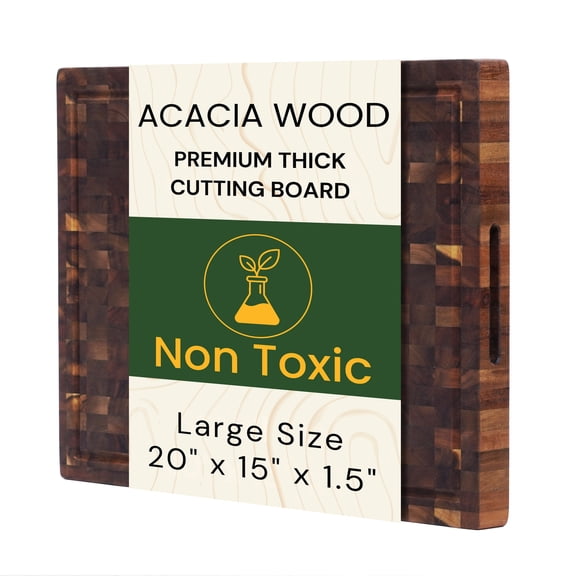 Acacia Wood End Grain Butcher Block Cutting Board 20x15x1.5 Inch for Carving Meat, Kitchen & BBQ Use. Deep Juice Groove, Built-In Handles, Thick, Knife Friendly, Non Toxic by New M Way