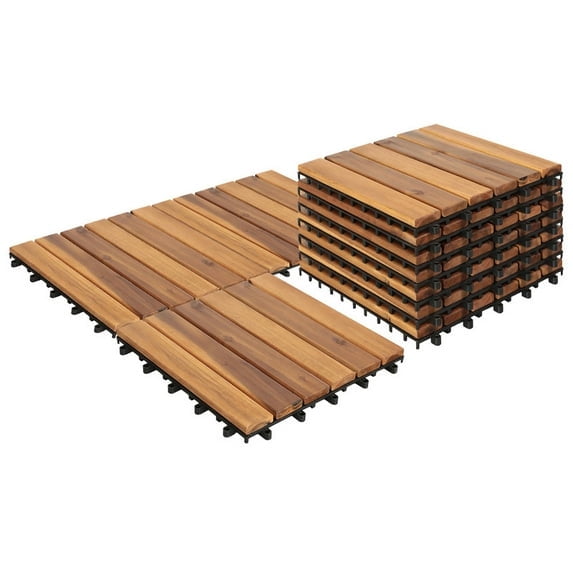 Acacia Wood Flooring Interlocking Deck Tiles for Patio Decor 27 PCS 6 Slats - Waterproof Indoor & Outdoor Decor - Balcony Garden Decking Tile (12.2 x 12.2 x 0.7) - Natural
