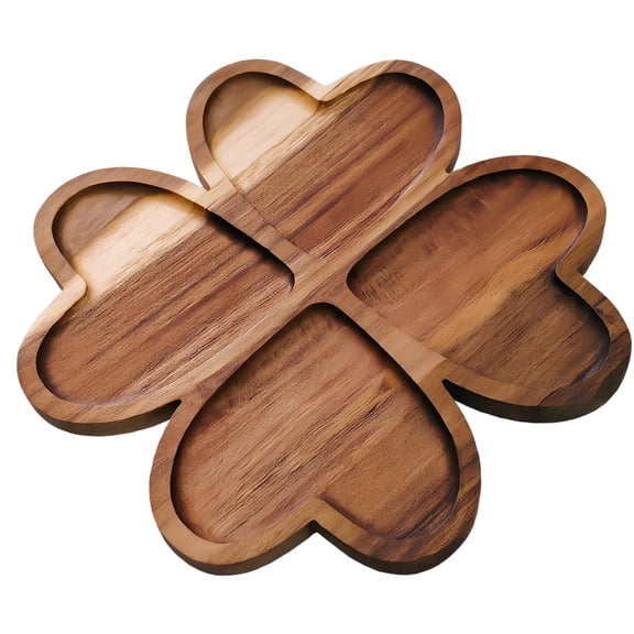 Acacia Wood Four-Leaf Clover Tray, 9.8 in Divided Serving Board with Four Sections, Decorative Natural Flower Shaped Wooden Platter for Appetizers, Snacks, Fruits, Home Decor and New Year Present