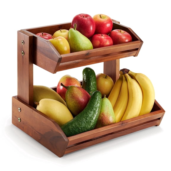 TIDITA Acacia 2-Tier Fruit Basket for Kitchen Counter Organizer – Wooden Bowl for Snack Organizer, Vegetables & Produce Storage