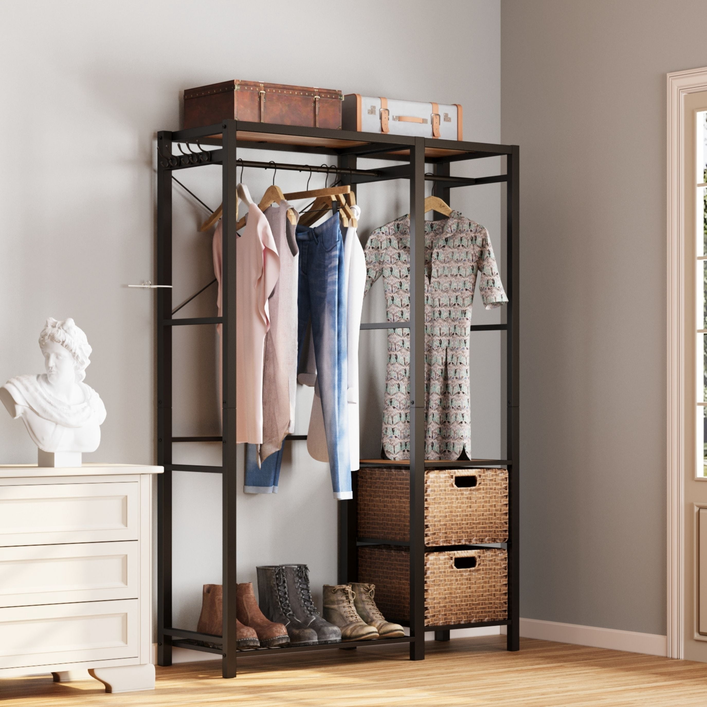 Acacia Wood Garment Racks with Shelves 2 Wicker Drawers and 4 Hooks