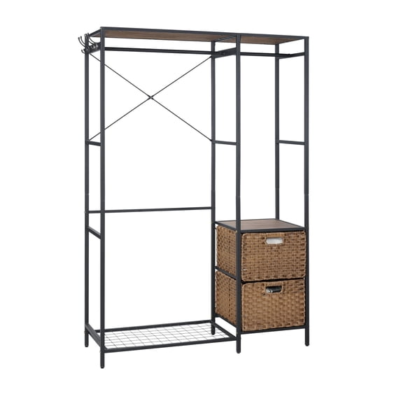 Acacia Wood Garment Racks with Shelves 2 Wicker Drawers and 4 Hooks Heavy Duty Closet Organizer for Hanging Clothes, Freestanding Closet Wardrobe Rack, Vintage Brown