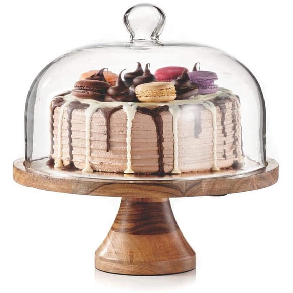 Royalty Art Acacia Wood Cake Stand 3-in-1 Reversible Design with Glass Dome Cake Stand Cheese Board and Charcuterie Platter Natural Acacia Wood Food Safe Weddings