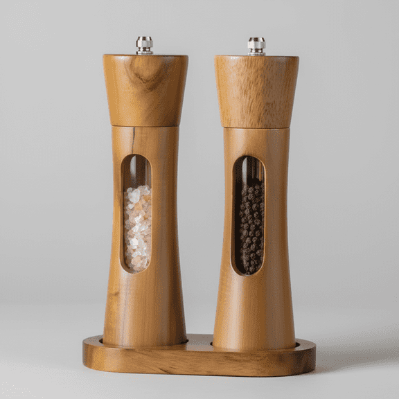 Acacia Wood Grinder Set, Transparent Window, 8" Tall, 2pcs Set with the Wooden Base