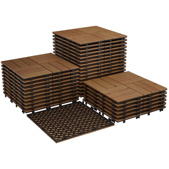 Acacia Wood Interlocking Deck Tiles, 12x12 Inch Waterproof Outdoor Flooring, 33-Pack for Patio Balcony Garden, brown