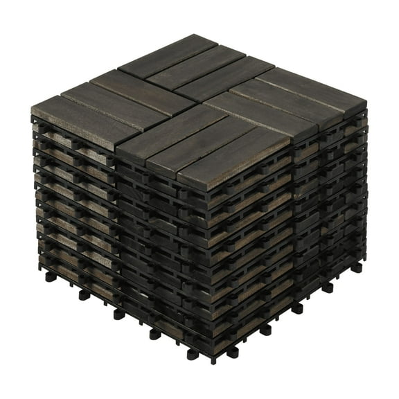 Acacia Wood Interlocking Deck Tiles Checker Pattern, 10PCS 12" x 12" Square Dark Brown Acacia Hardwood Outdoor Flooring for Patio, Bancony, Pool Side,...