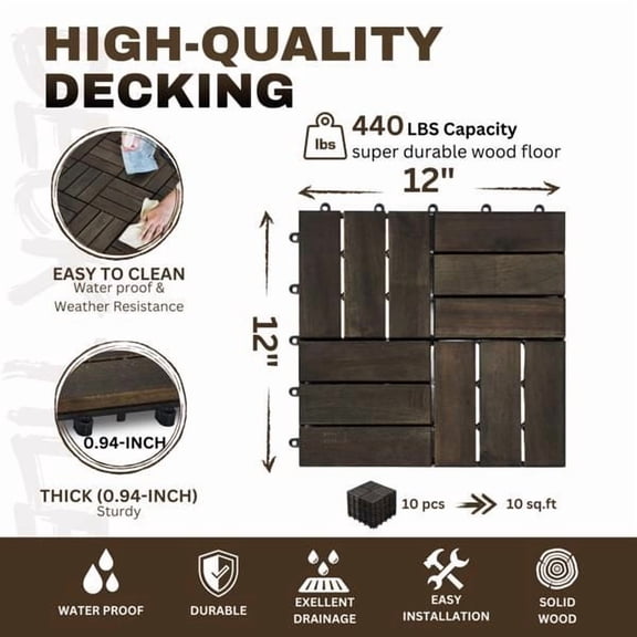 Acacia Wood Interlocking Deck Tiles Checker Pattern 10PCS 12