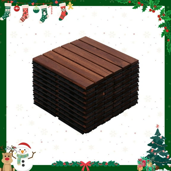 Acacia Wood Interlocking Deck Tiles Striped Pattern, 20 PCS 12" x 12" Square Acacia Hardwood Outdoor Flooring for Patio, Bancony, Pool Side