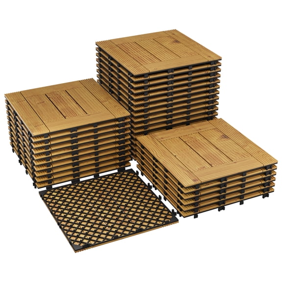 Acacia Wood Interwoven Deck Tiles - 33 Pack 12"x12" Waterproof Non-Slip Patio Flooring - Easy Snap Together, Outdoor & Indoor Use, Covers 32 Sq Ft, Ideal for Balcony, Garden, Pool Deck - Yellow
