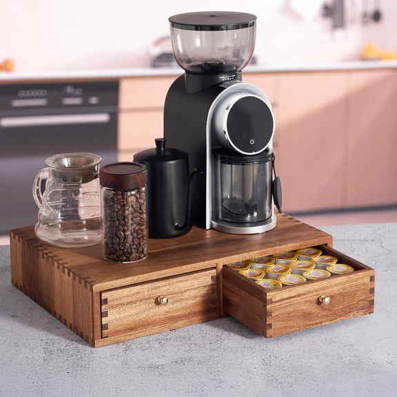 Acacia Wood K Cup Organizer Drawer, Coffee Pod and Tea Storage Box with Non-Slip Pad, 30 Pod Capacity Under Brewer, Countertop Coffee Station Holder for Machine Stand