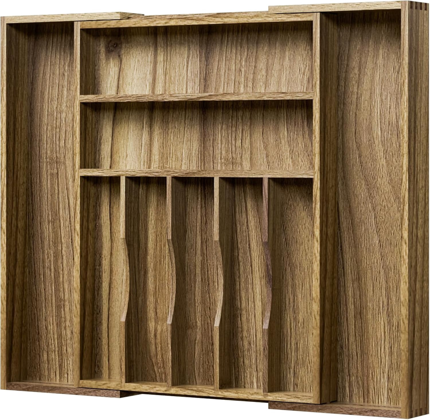 Acacia Wood Kitchen Silverware Drawer Organizer, Expandable Utensil Cutlery Organizer with Dividers, Flatware Tray for Spoon, Fork, 13''-20''x16.9'' (7-9 Slots)