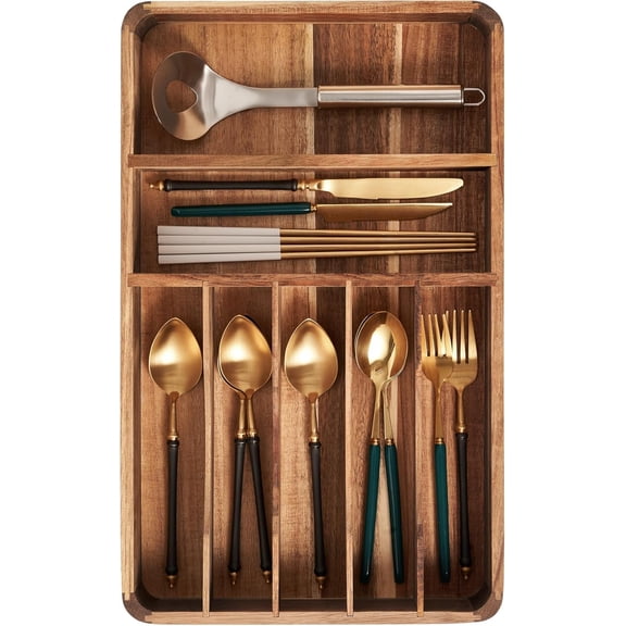 Acacia Wood Kitchen Silverware Drawer Organizer, Expandable Utensil Cutlery Drawer Organizer with Dividers, Flatware Organizer Silverware Tray for Spoon, Fork, 13''-21''x16.9'' (6-8 Slots)