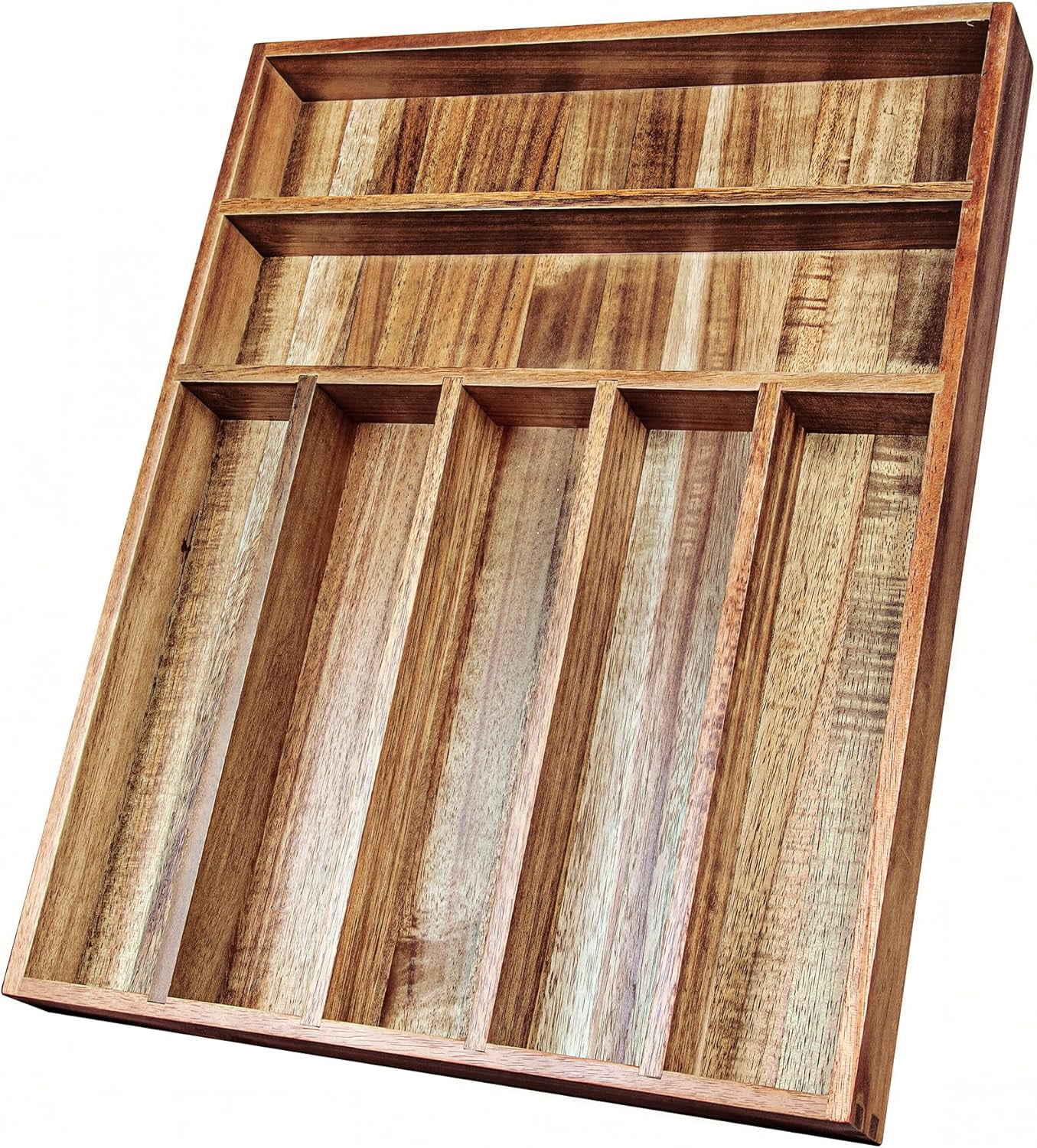 Acacia Wood , Kitchen Utensil Drawer Organizer for Forks & Spoons, 7-Compartment Cutlery Tray, Flatware Holder