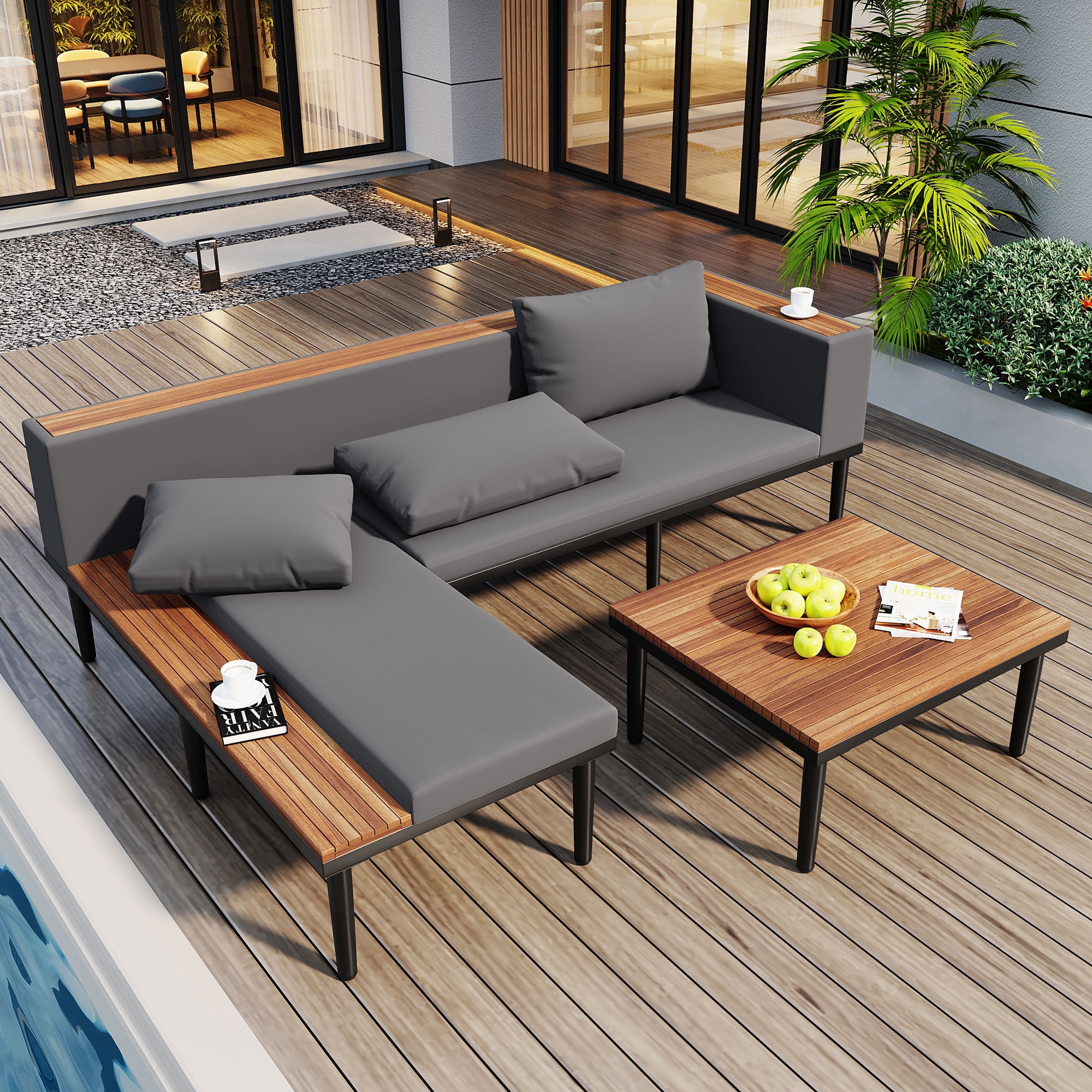 Acacia Wood L-Shaped Outdoor Sectional Sofa, Patio Conversation Set with Removable Cushions, Coffee & Side Table for Porch Backyard