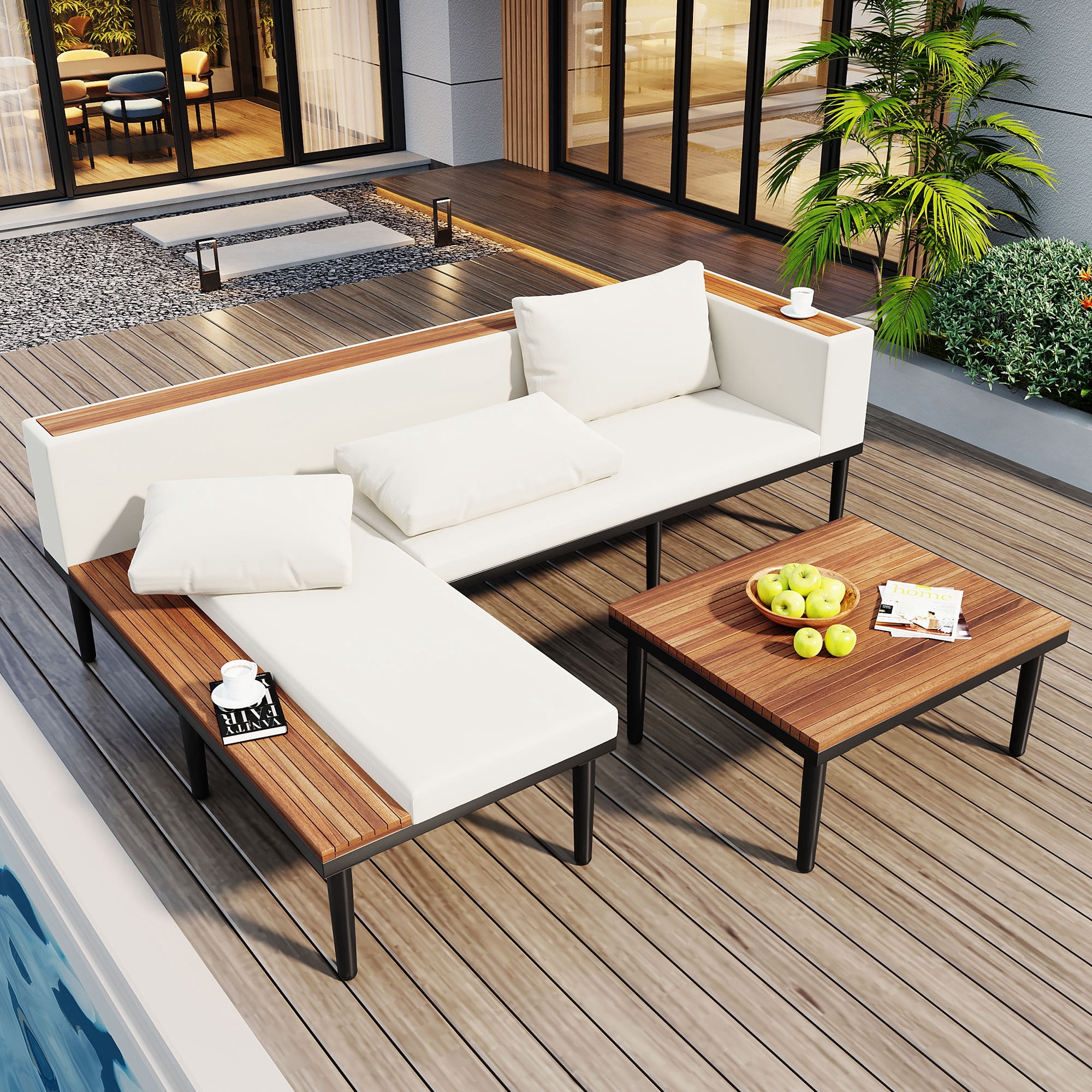 Acacia Wood L-Shaped Outdoor Sectional Sofa, Patio Conversation Set with Removable Cushions, Coffee & Side Table for Porch Backyard
