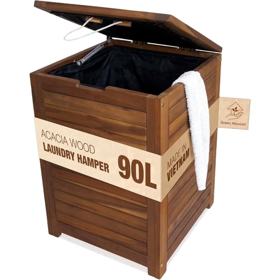 Asdfgh 90L Acacia Wood Laundry Hamper with Lid & Removable Liner, Large Wooden Laundry Basket with Handles, Farmhouse Style Storage Bin for Bathroom Bedroom