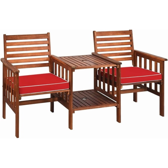Acacia Wood Loveseat with Table Patio Bistro Set Wooden Table Chairs Set with Cushions, Outdoor Furniture Set with Umbrella Hole for Garden Balcony