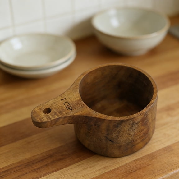 Acacia Wood Measuring Cups, Stackable Kitchen Measure Tool with Handle, Baking and Cooking Measuring Set, Handcrafted with Polish Finish