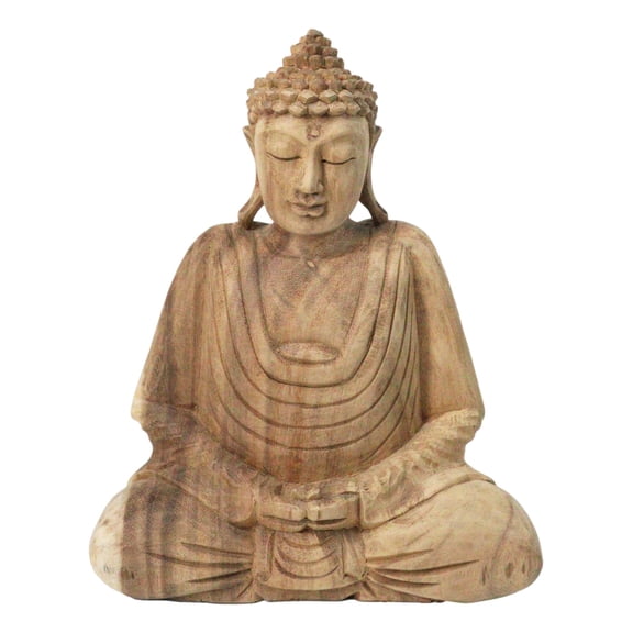 Acacia Wood Meditating Buddha Gautama Amitabha In Prayer Zen Sculpture 10.75"H