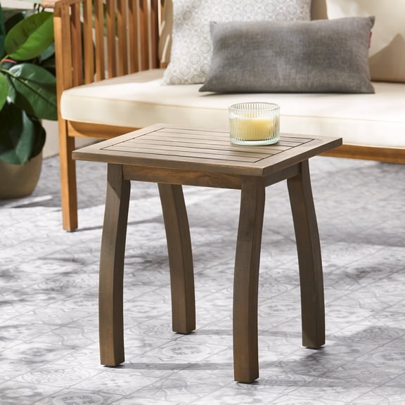 Acacia Wood Outdoor Accent Table, Grey Finish, 19L x 15W x 19.25H Inches, Coastal Patio Side Table for Drinks and Decor