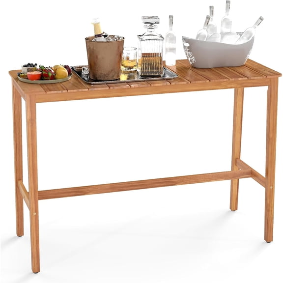 Acacia Wood Outdoor Bar Table 55 Inch, Rectangular Pub Table with Slatted Top and Adjustable Foot Pads, for Hot Tub, Balcony, Garden and Poolside