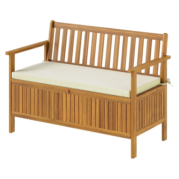 Acacia Wood Outdoor Bench with Storage, 2 Seater Patio Bench with Cushion, Teak Garden Bench for Porch, Deck, Park