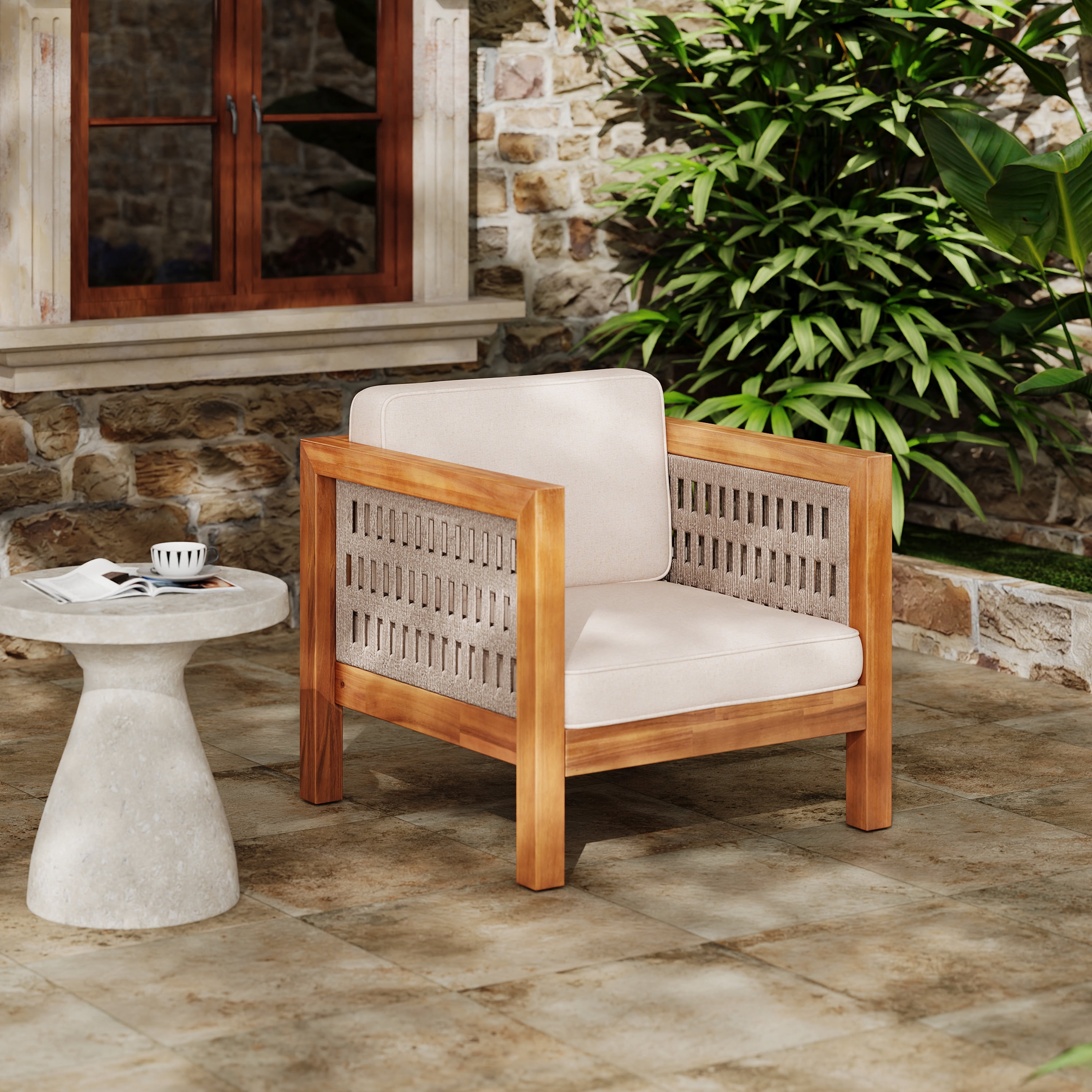 Acacia Wood Outdoor Club Chair with Beige Rope Arm and Beige Cushions for Patio Garden Deck, Teak