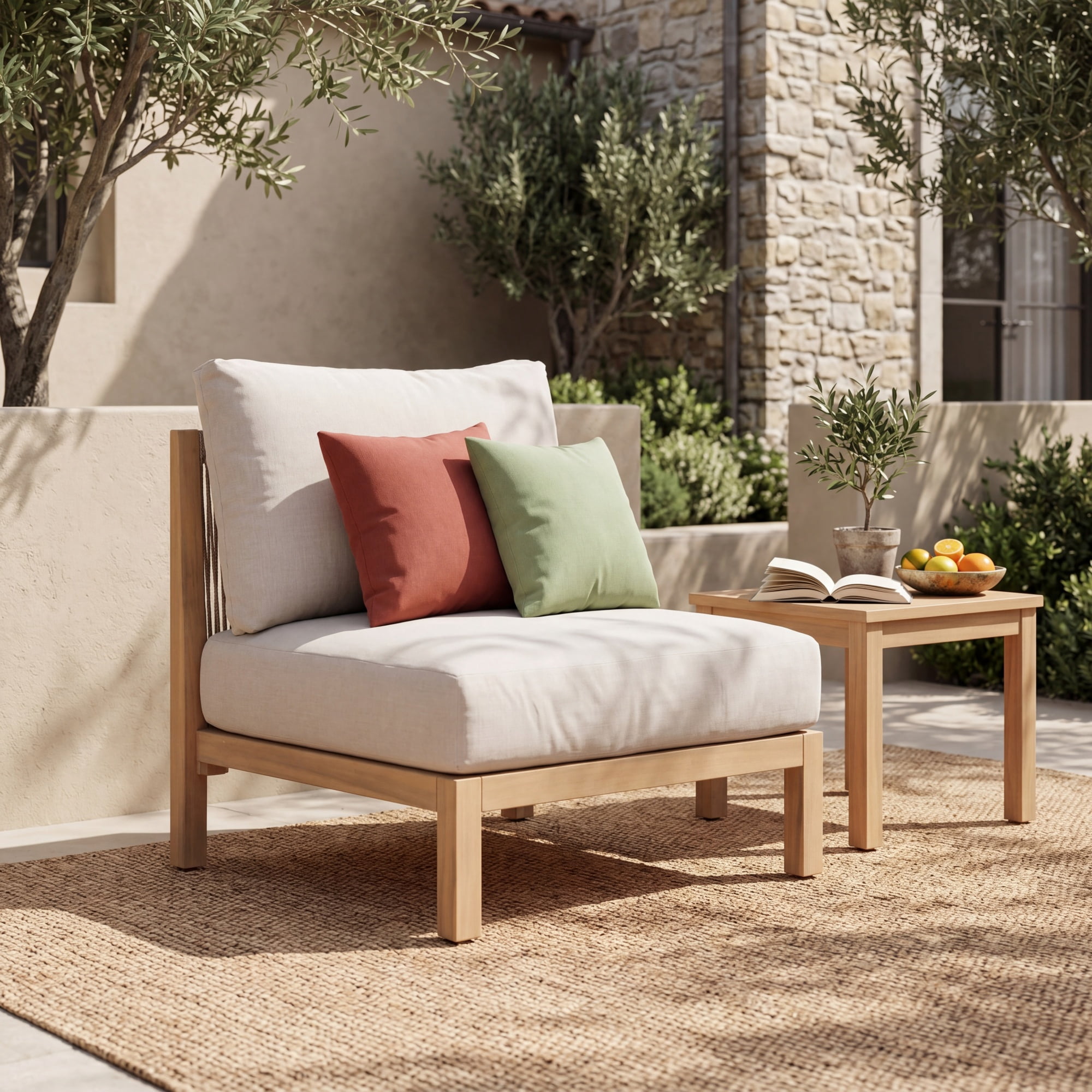 Acacia Wood Outdoor Club Chair with Rope Weave Backrest and Beige Cushion, Patio Lounge Chair for Garden and Balcony, Light Teak
