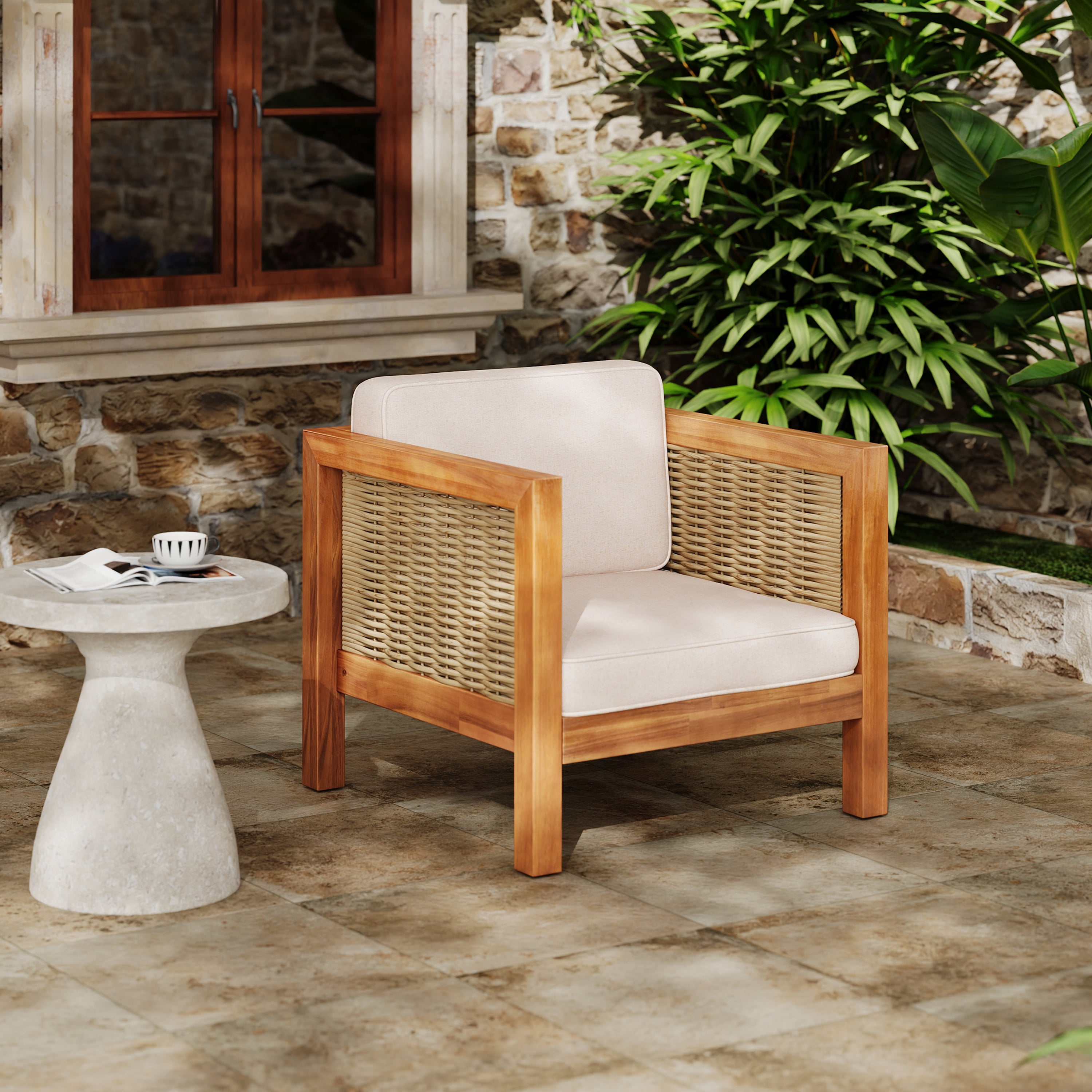 Acacia Wood Outdoor Club Chair with Wicker Armrest and Beige Cushions for Patio Garden Deck, Teak