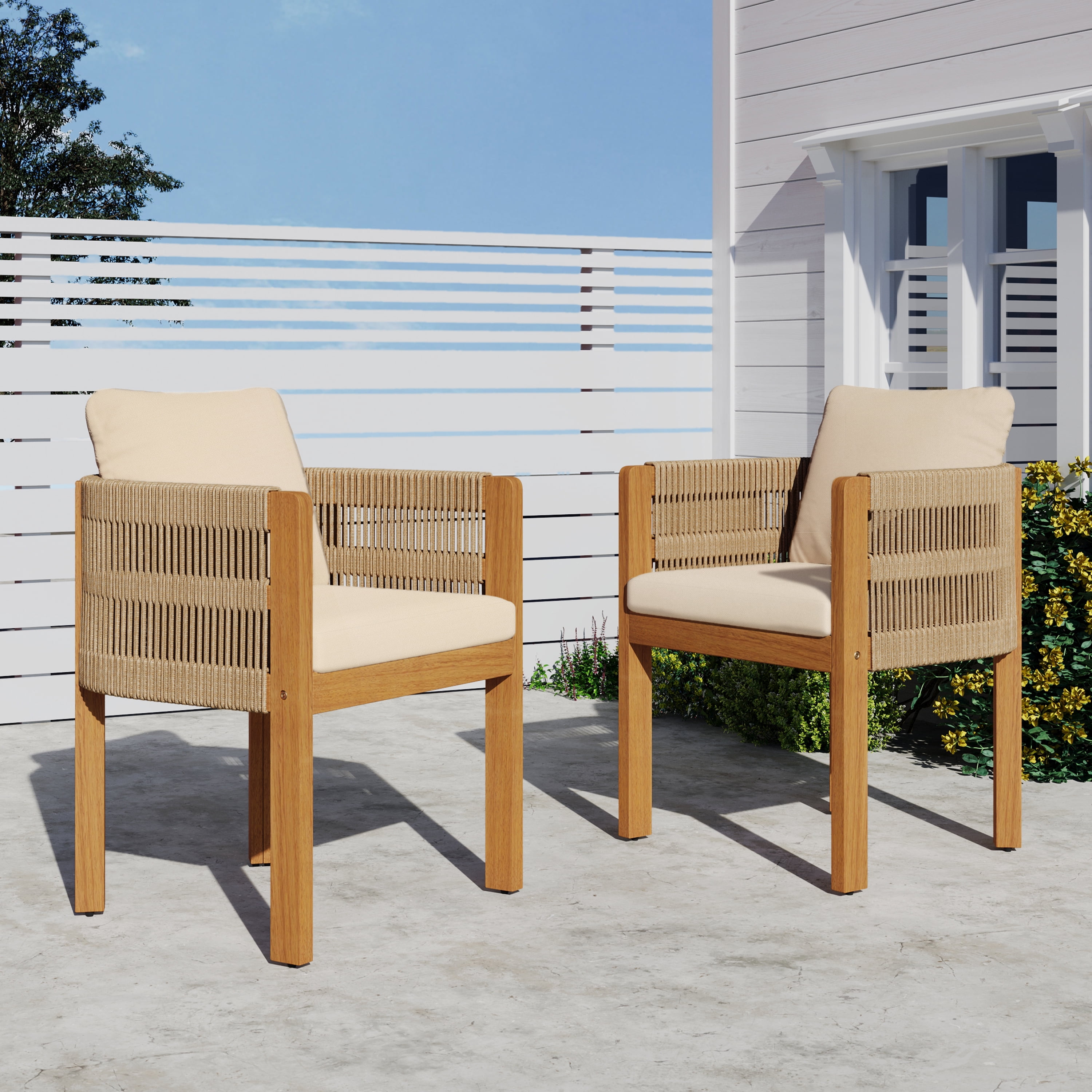Acacia Wood Outdoor Dining Chairs Set of 2 with Brown Rope Handles Washable Waterproof Beige Cushions, Teak