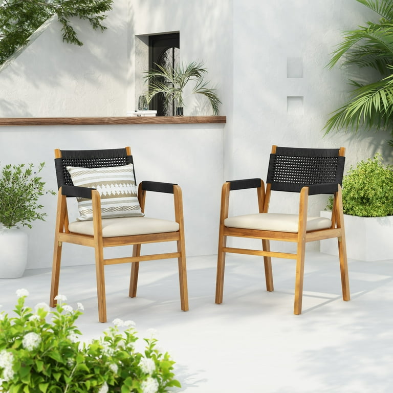Acacia Wood Outdoor Dining Chairs with Rope Woven Backrest, Black