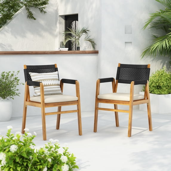 Acacia Wood Outdoor Dining Chairs with Rope Woven Backrest, Black, Set of 2