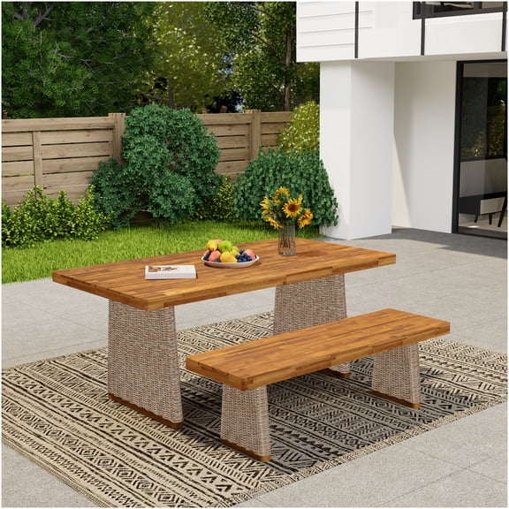 Acacia Wood Outdoor Dining Set with Table and Bench, All-Weather Patio Furniture