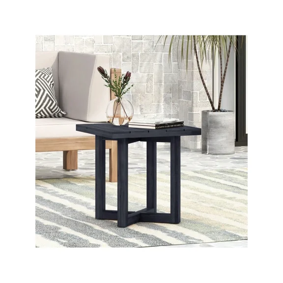 Acacia Wood Outdoor End Table With Cross Stretcher Base Square Design Durable Patio Side Table