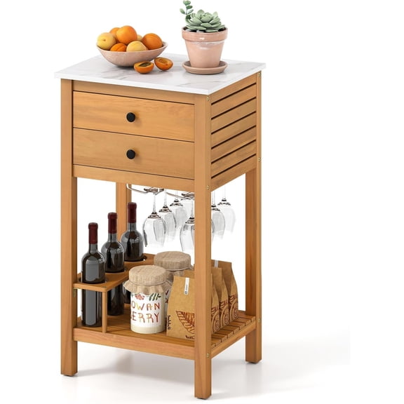 Acacia Wood Outdoor Side Table, Patio Buffet Cabinet Bar Table with Faux Marble Countertop, 2 Drawers, Glass & Wine Holders, Patio Storage Cabinet for Garden, Backyard