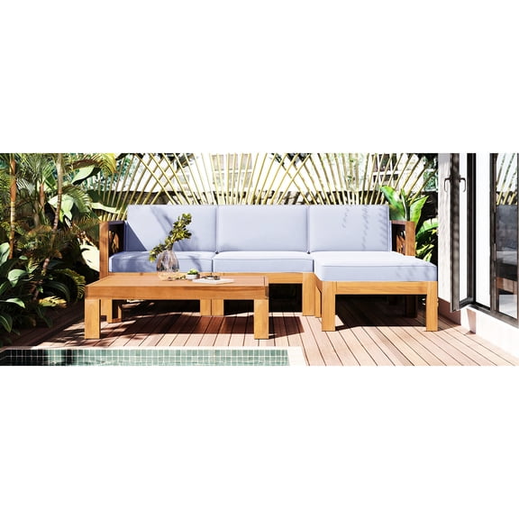 Acacia Wood Outdoor Sofa Set with Gray Cushions / Stylish and Durable for Outdoor Living