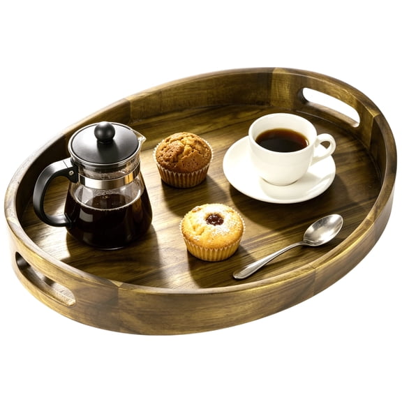 Acacia Wood Oval Serving Tray, Rustic Decorative Wooden Ottoman Tray with Handles, Platter for Breakfast, Tea Cups, Candle Display, 14.3 x 11.3 x 1.9 Inch