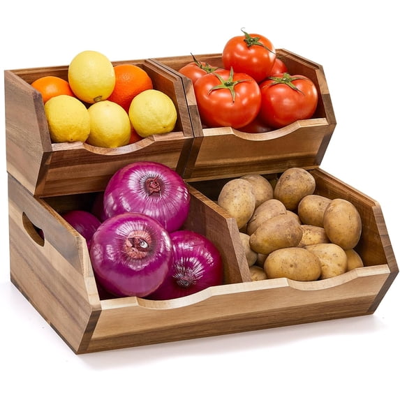 Acacia Wood Pantry Storage Baskets Stackable Onion and Potato Storage Bins Kitchen Organizer Set of 3 Durable Wooden Containers