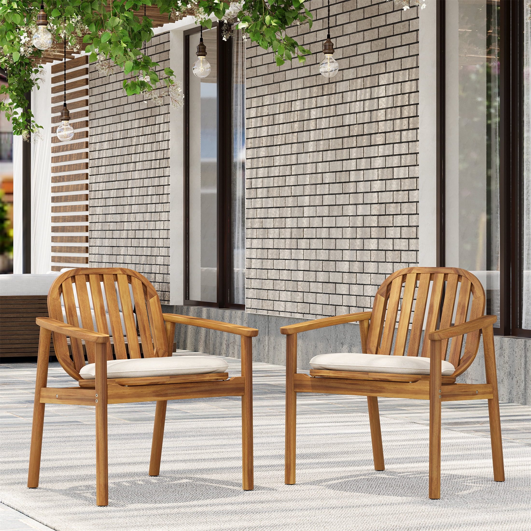 Acacia Wood Patio Dining Chairs Set of 2 with Cushion for Garden Deck, Teak