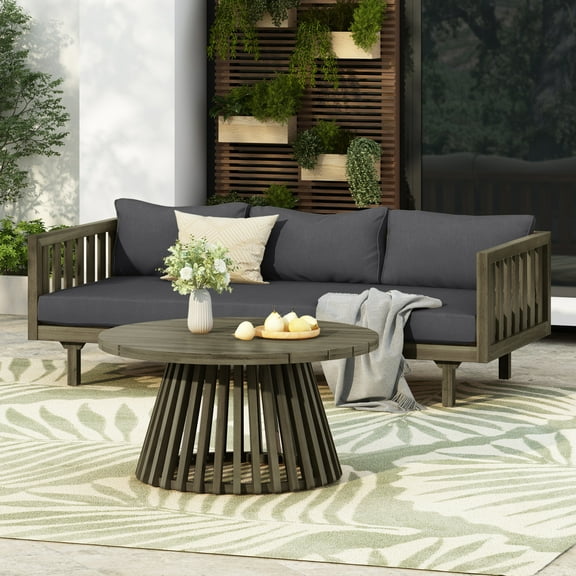 Acacia Wood Patio Furniture Set, Outdoor Grey Finish 3 Seater Daybed(with Water Resistant Thick Cushions)and Round Coffee Table, Dark Grey Cushion