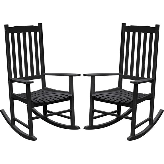 Acacia Wood Patio Rocking Chair Set of 2, High Back and Widen Armrest for Adults, Solid Wood Porch Rocking Chair for Lawn, Garden, Backyard (Black)