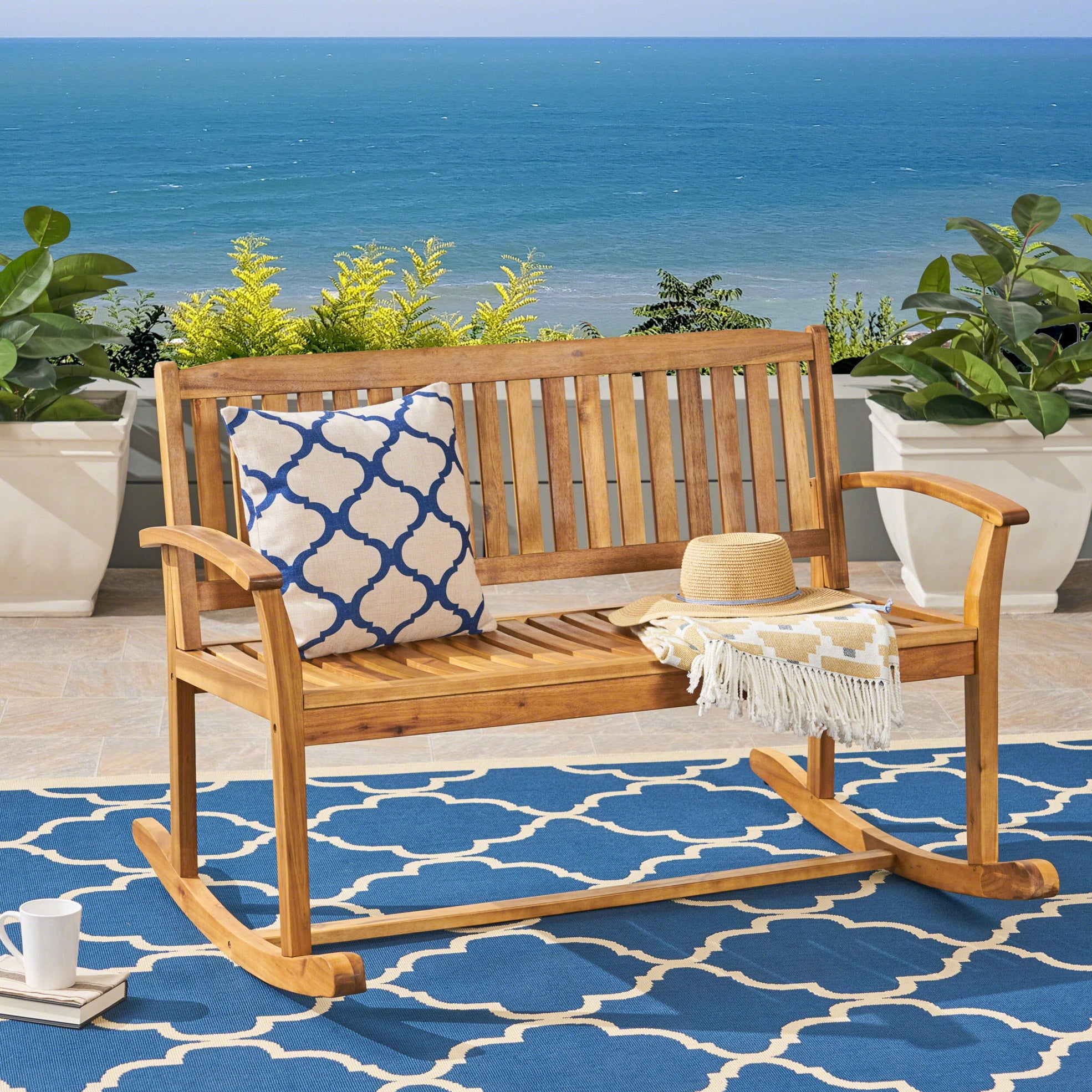 Balcony Rocking Bench Acacia Wood Patio Rocking Loveseat with Slatted Seat and Backrest, 2 ...