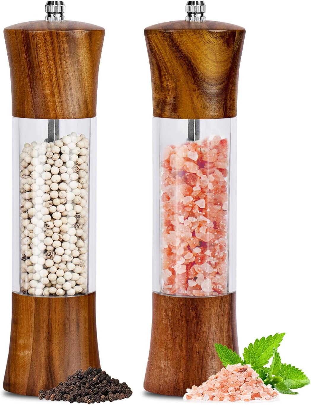 Acacia Wood Premium Acrylic Salt Grinder and Pepper Grinder Set 8 Inches Salt and Pepper Mill Set, Manual Salt and Pepper Mills- Wooden Shakers with Adjustable Ceramic Core 2 Pack