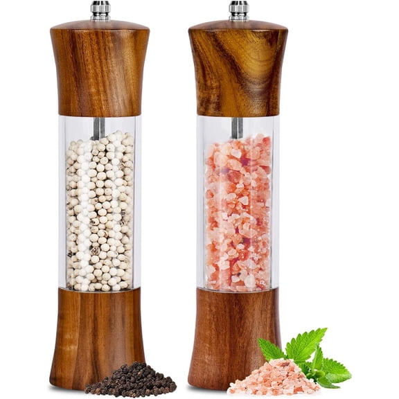 Acacia Wood Premium Acrylic Salt Grinder and Pepper Grinder Set 8 Inches Salt and Pepper Mill Set, Manual Salt and Pepper Mills- Wooden Shakers with Adjustable Ceramic Core 2 Pack